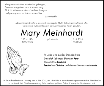 Traueranzeige von Mary Meinhardt von Hersbrucker Zeitung